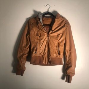 Fake leather jacket with built in hoodie